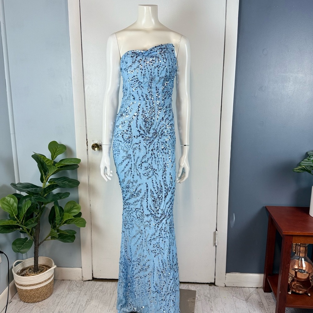 Sequin Strapless Evening Gown Blue Mermaid Prom Dress (Tag M Fits S)